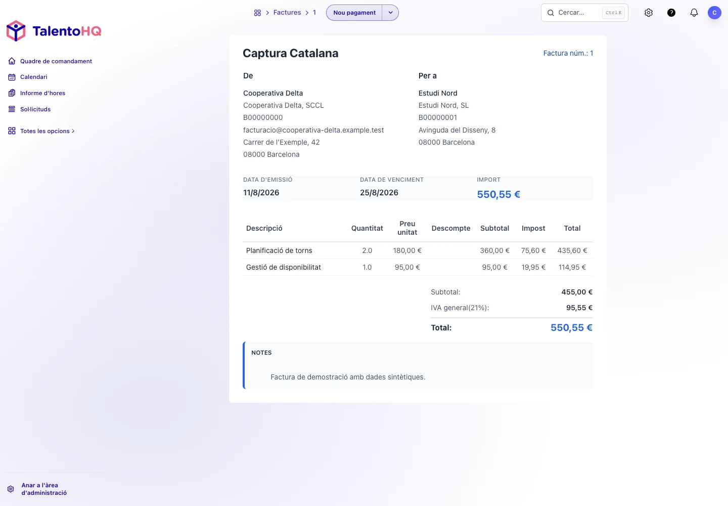 Detall d’una factura a TalentoHQ en català