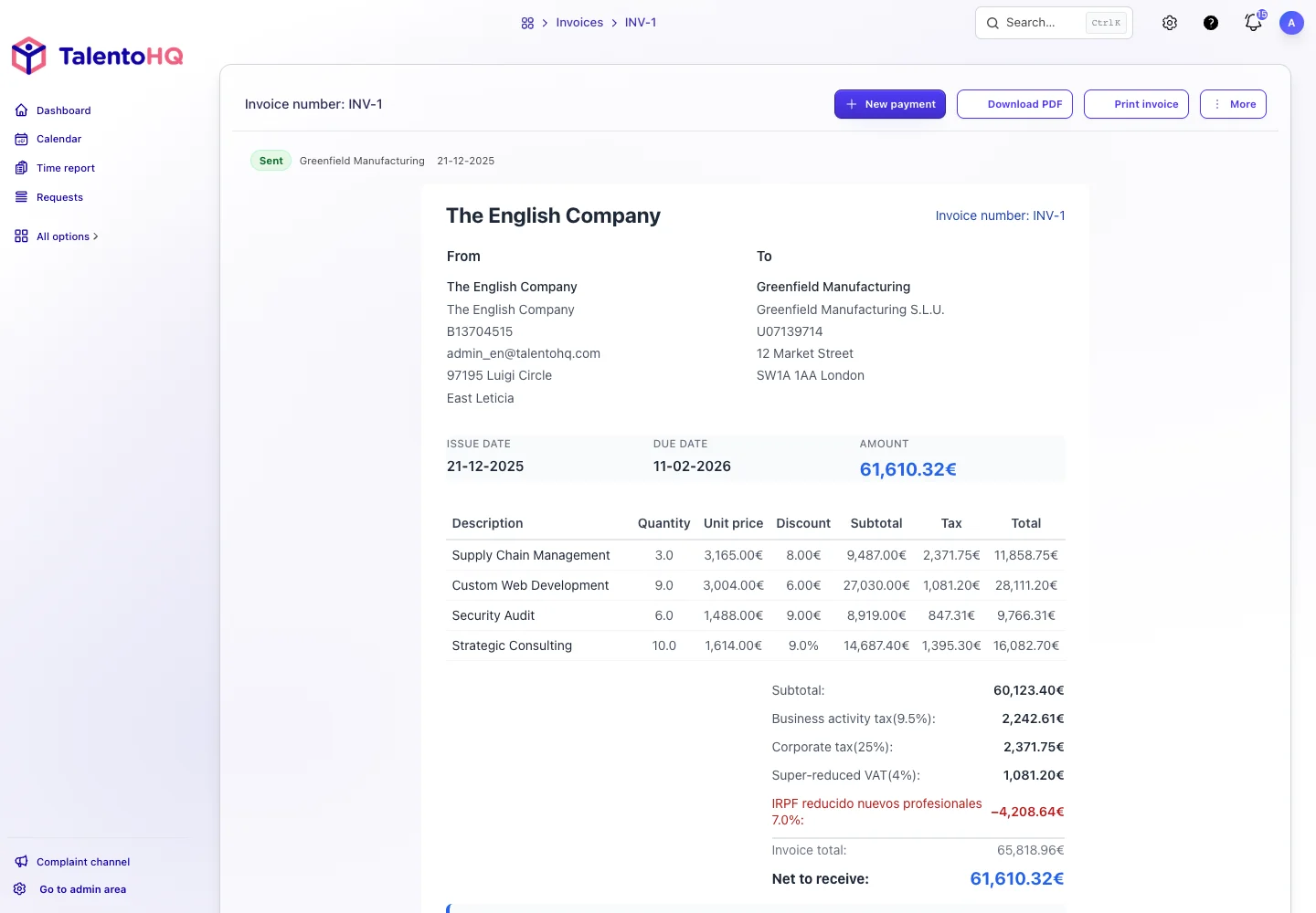 Invoice detail view in TalentoHQ