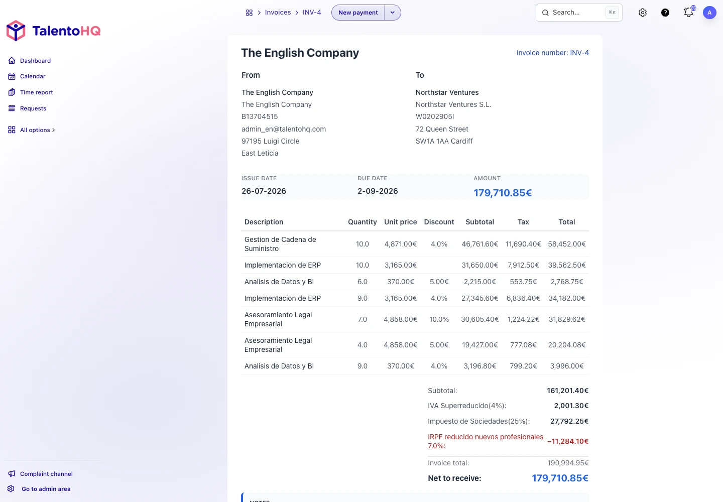 Invoice detail view in TalentoHQ