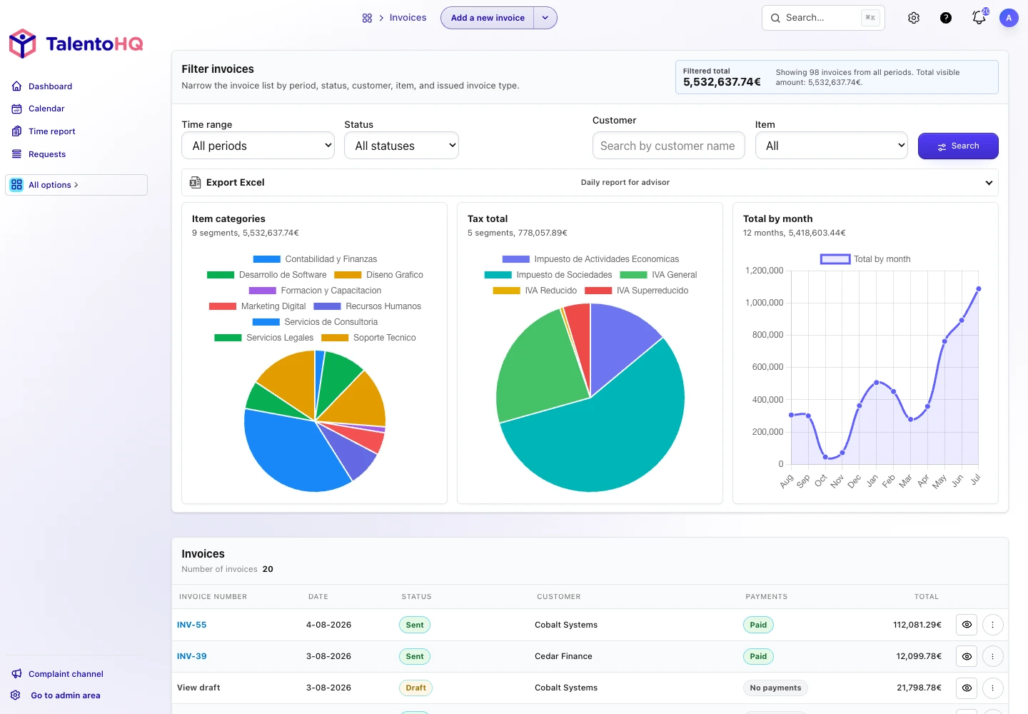 Invoice list and billing dashboard in TalentoHQ