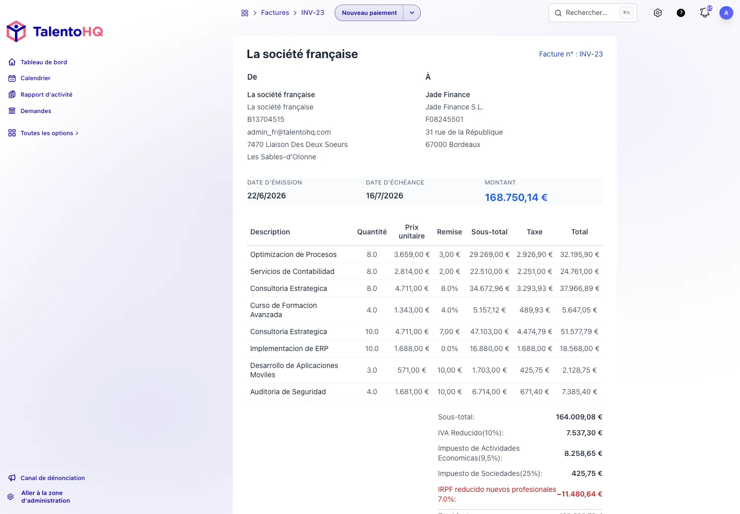 Détail d’une facture dans TalentoHQ