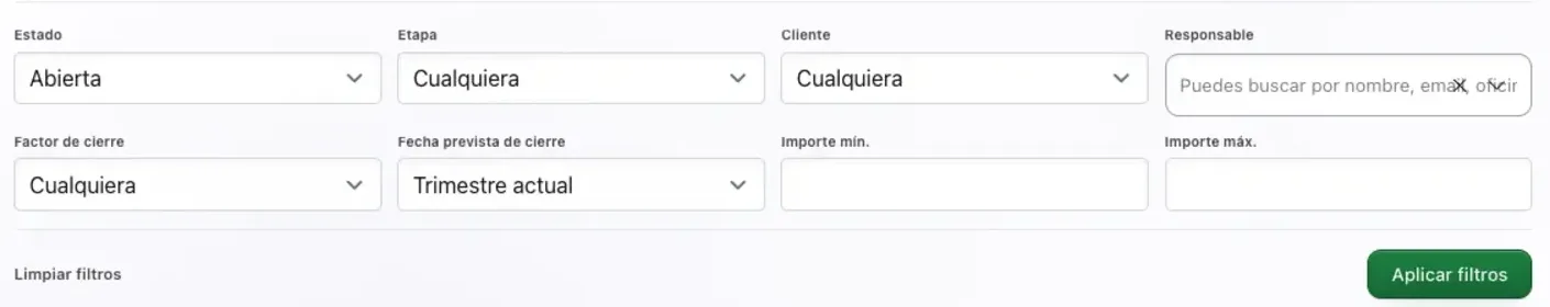 Filtros de oportunidades en el CRM de TalentoHQ: estado, etapa, cliente, responsable, fecha prevista de cierre e importe