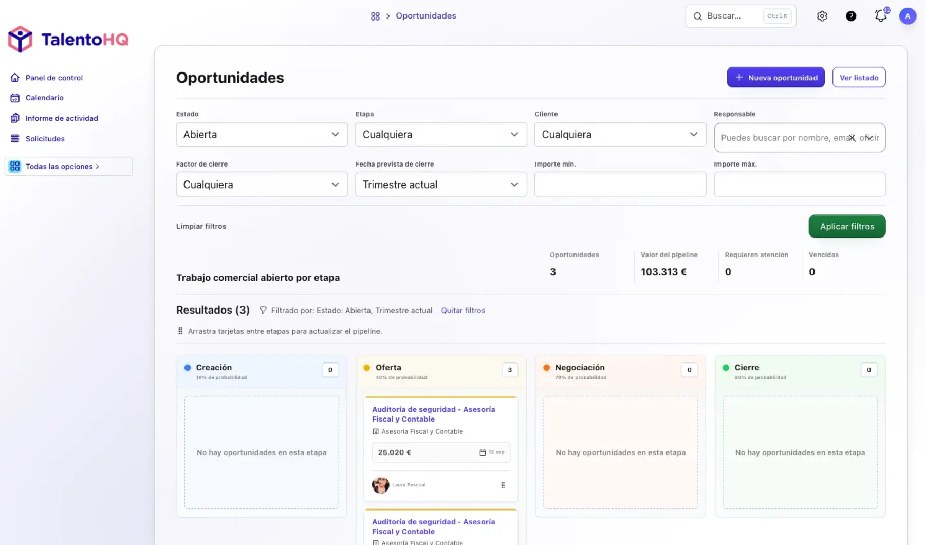 CRM de TalentoHQ con empresas, contactos y actividad comercial