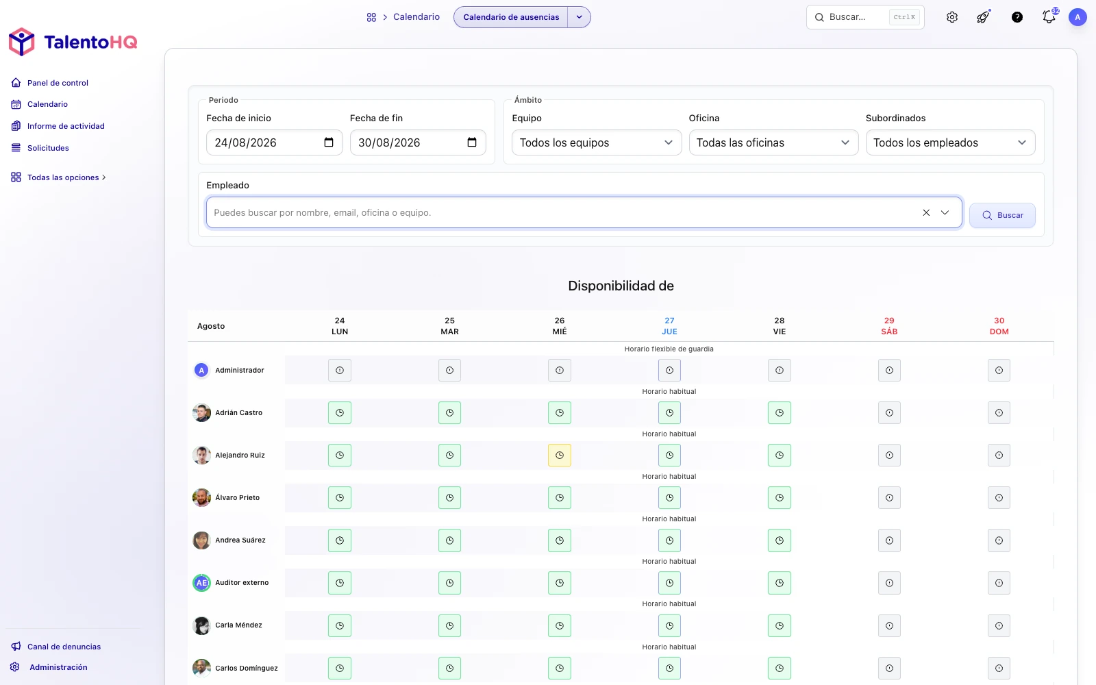 Disponibilidad semanal del equipo para asignar turnos en TalentoHQ