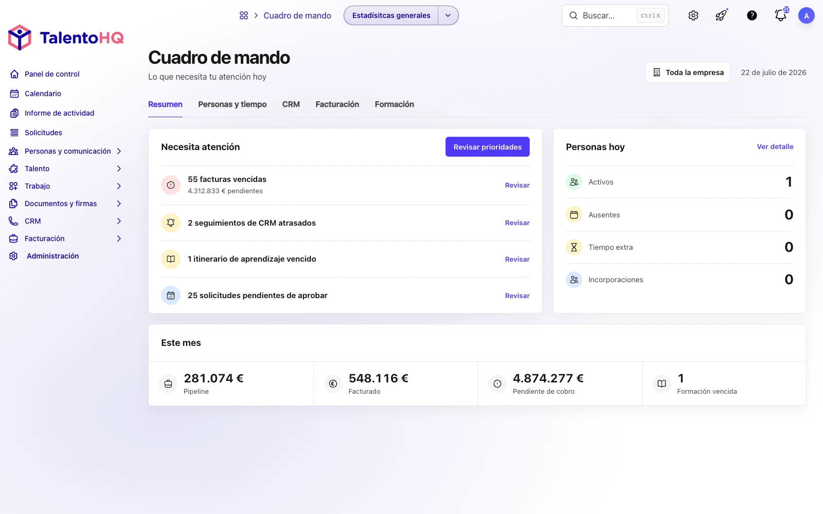 Panel de control de TalentoHQ conectado con inteligencia artificial