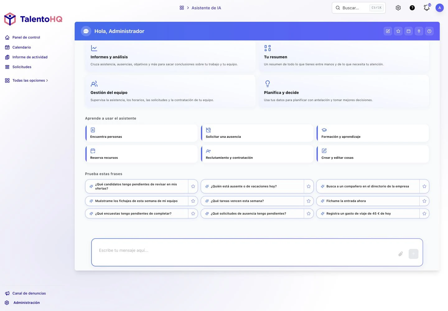 Asistente personal de TalentoHQ con accesos a informes, equipo, planificación y ejemplos de preguntas