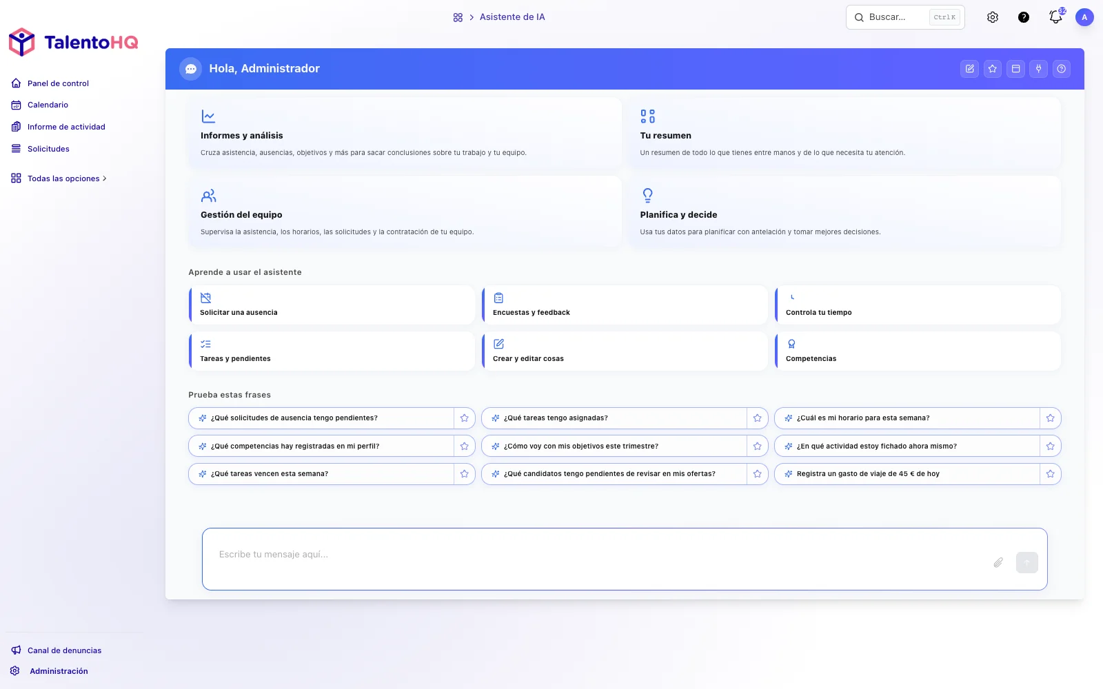 Asistente de IA creando una solicitud de vacaciones en TalentoHQ