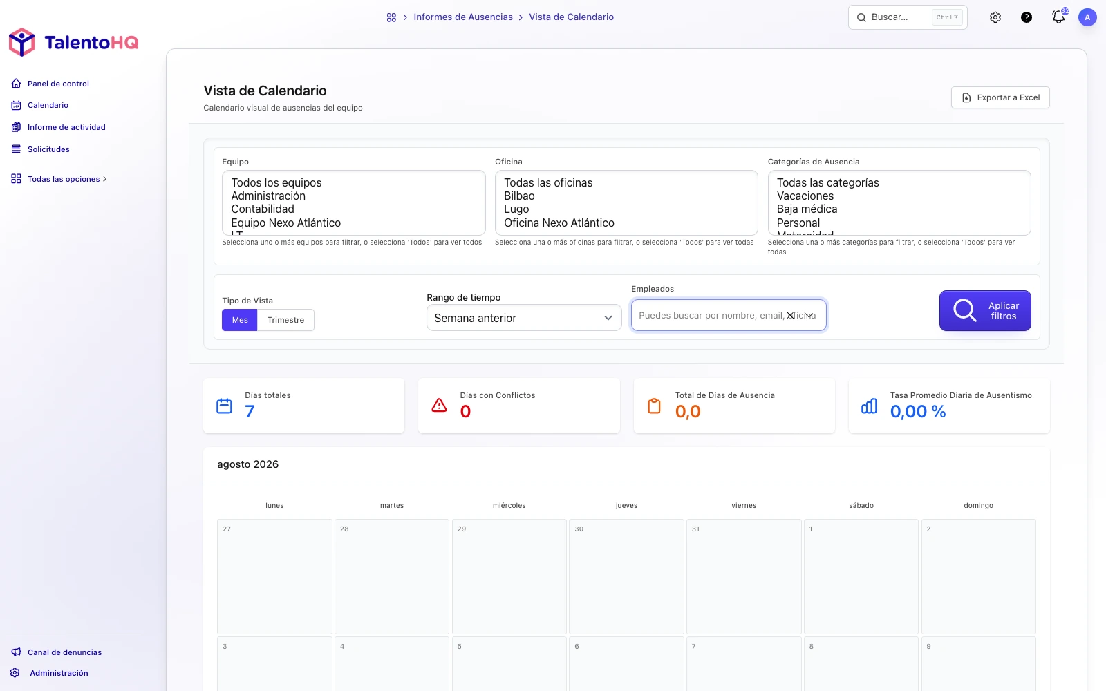 Calendario de ausencias por empleado