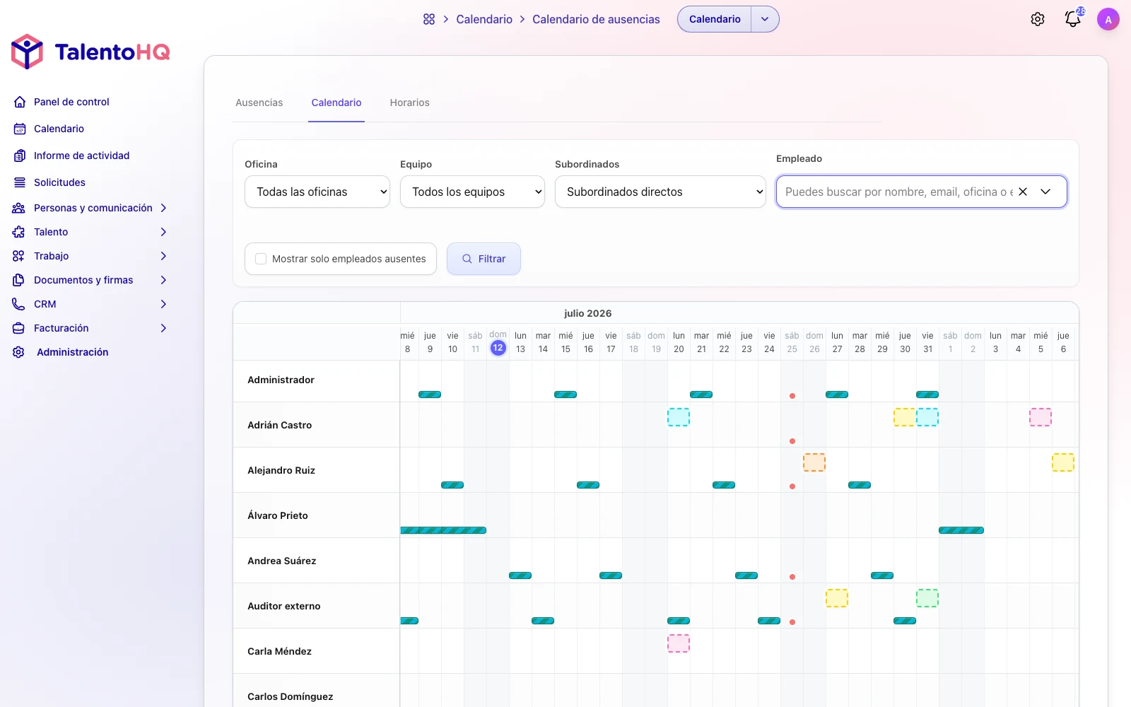 Calendario de ausencias y disponibilidad de equipo en TalentoHQ
