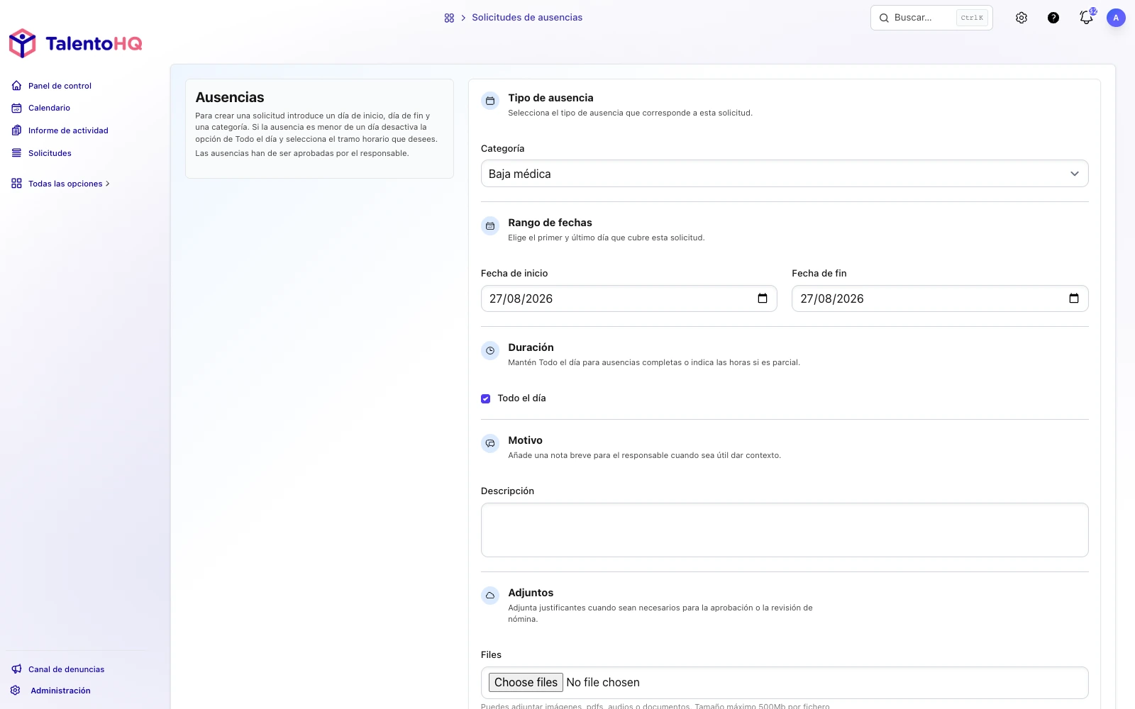 Formulario para crear una ausencia en TalentoHQ con categoría, rango de fechas, duración y adjuntos