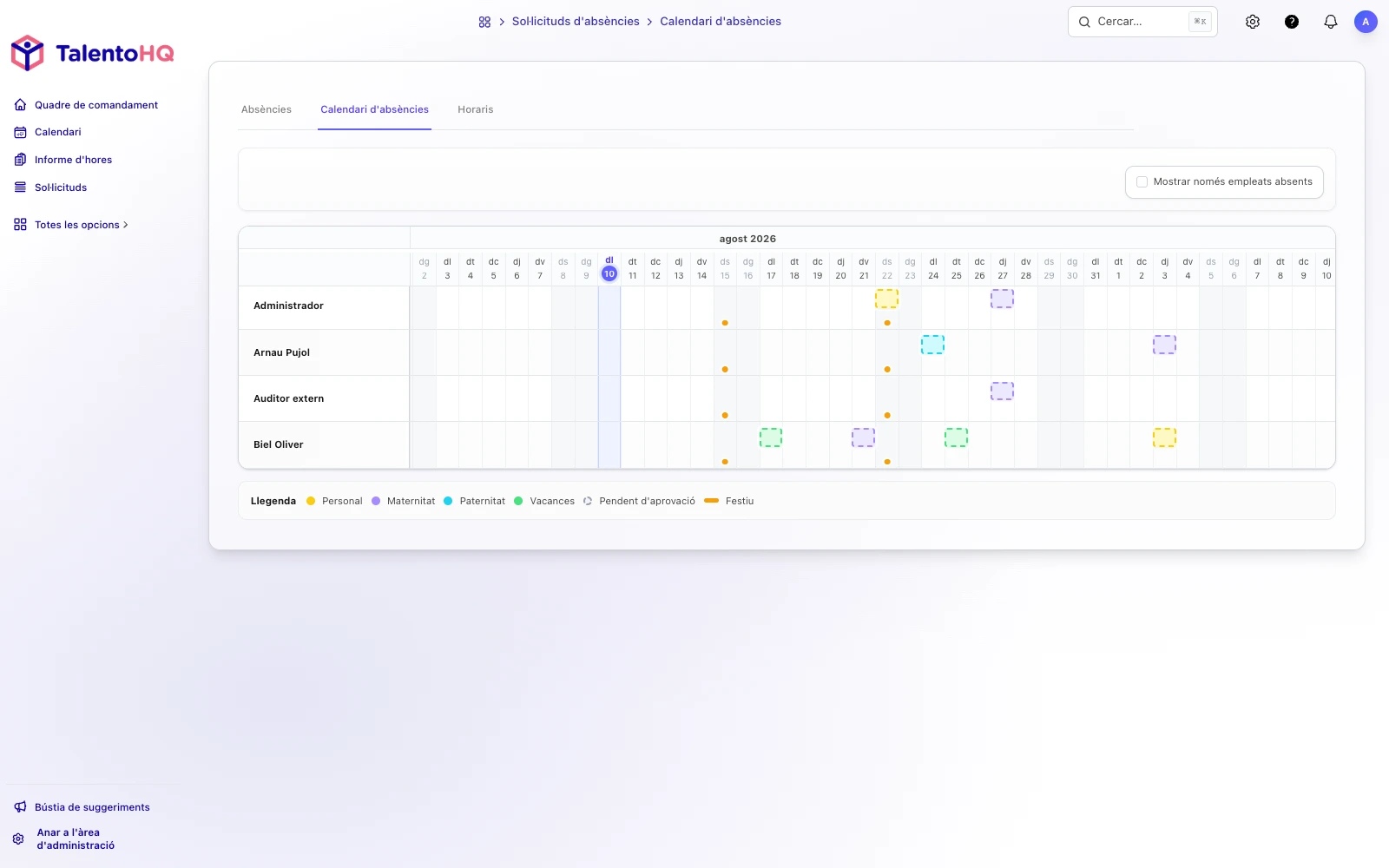 Calendari de disponibilitat de l'equip a TalentoHQ