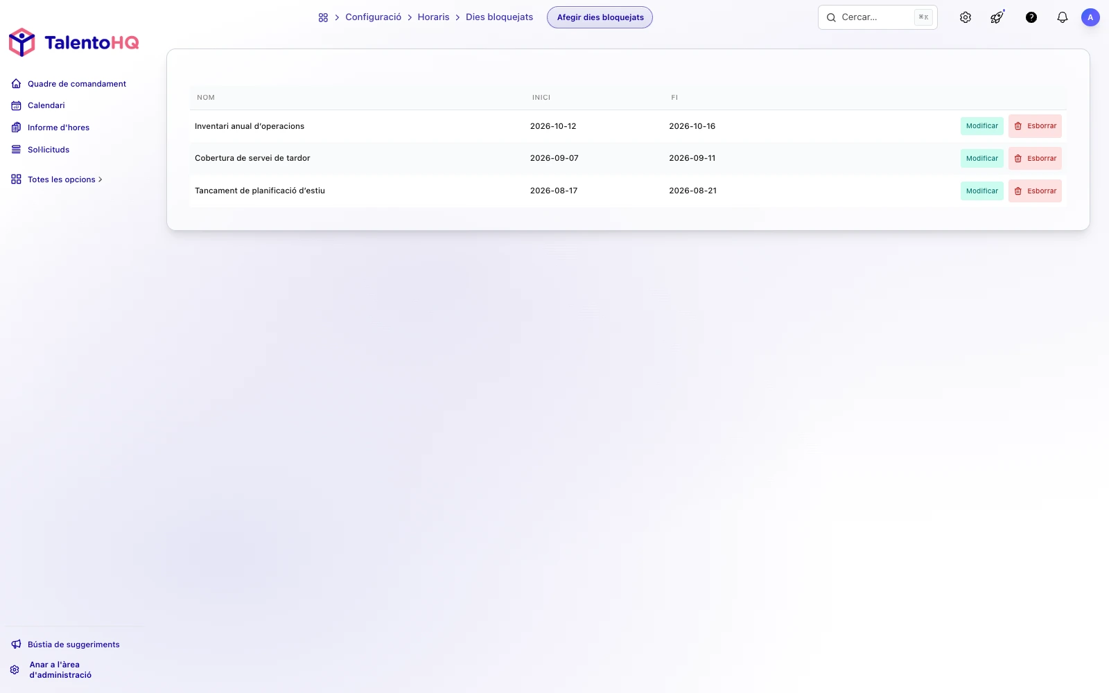 Configuració de períodes bloquejats per a sol·licituds de vacances per oficina o equip