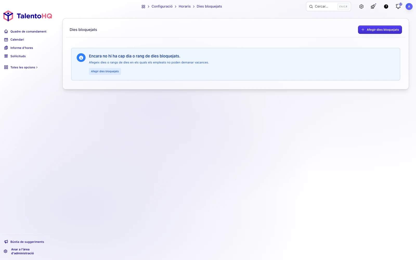 Configuració de períodes bloquejats per a sol·licituds de vacances per oficina o equip