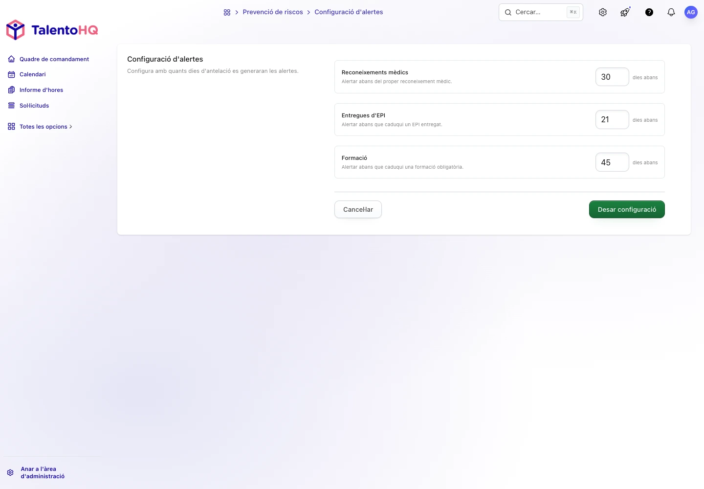 Configuració de dies d'antelació per a reconeixements, EPI i formació a TalentoHQ