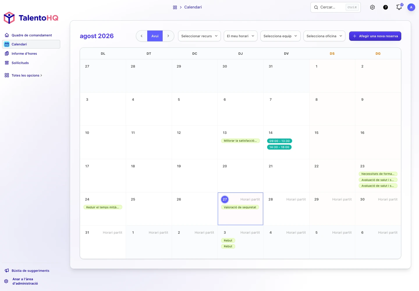 Calendari i gestió de presència del portal de l'empleat de TalentoHQ