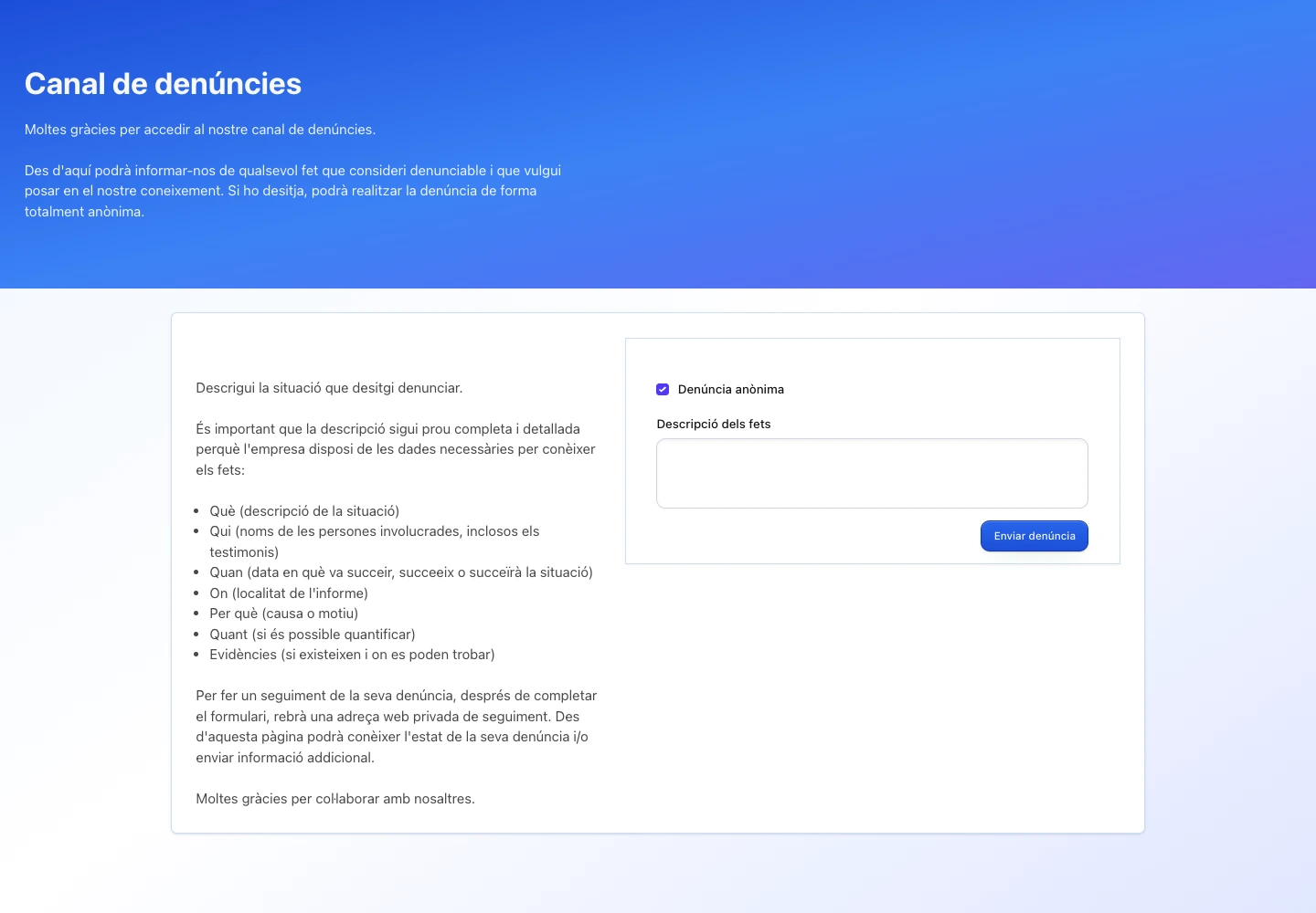 Formulari públic del canal de denúncies de TalentoHQ en català