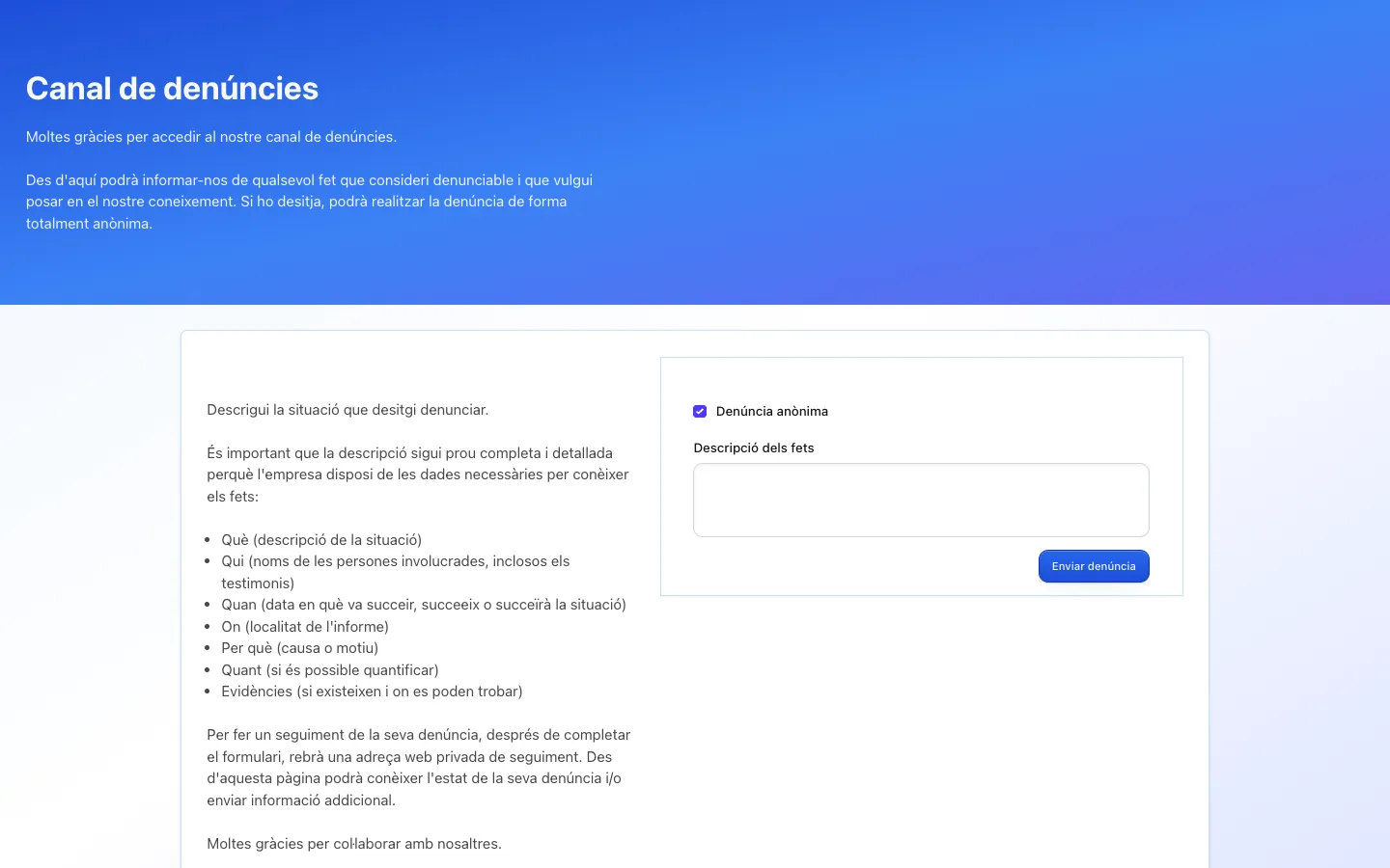 Formulari públic del canal de denúncies de TalentoHQ en català