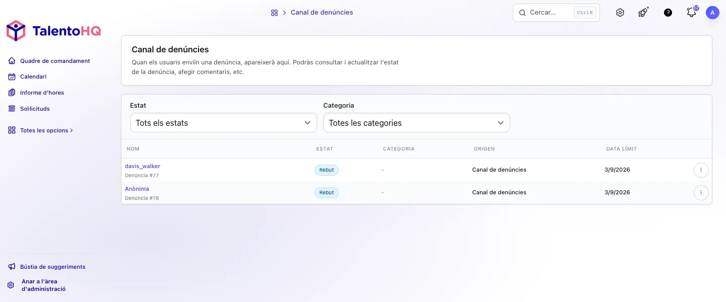Safata interna del canal de denúncies de TalentoHQ en català