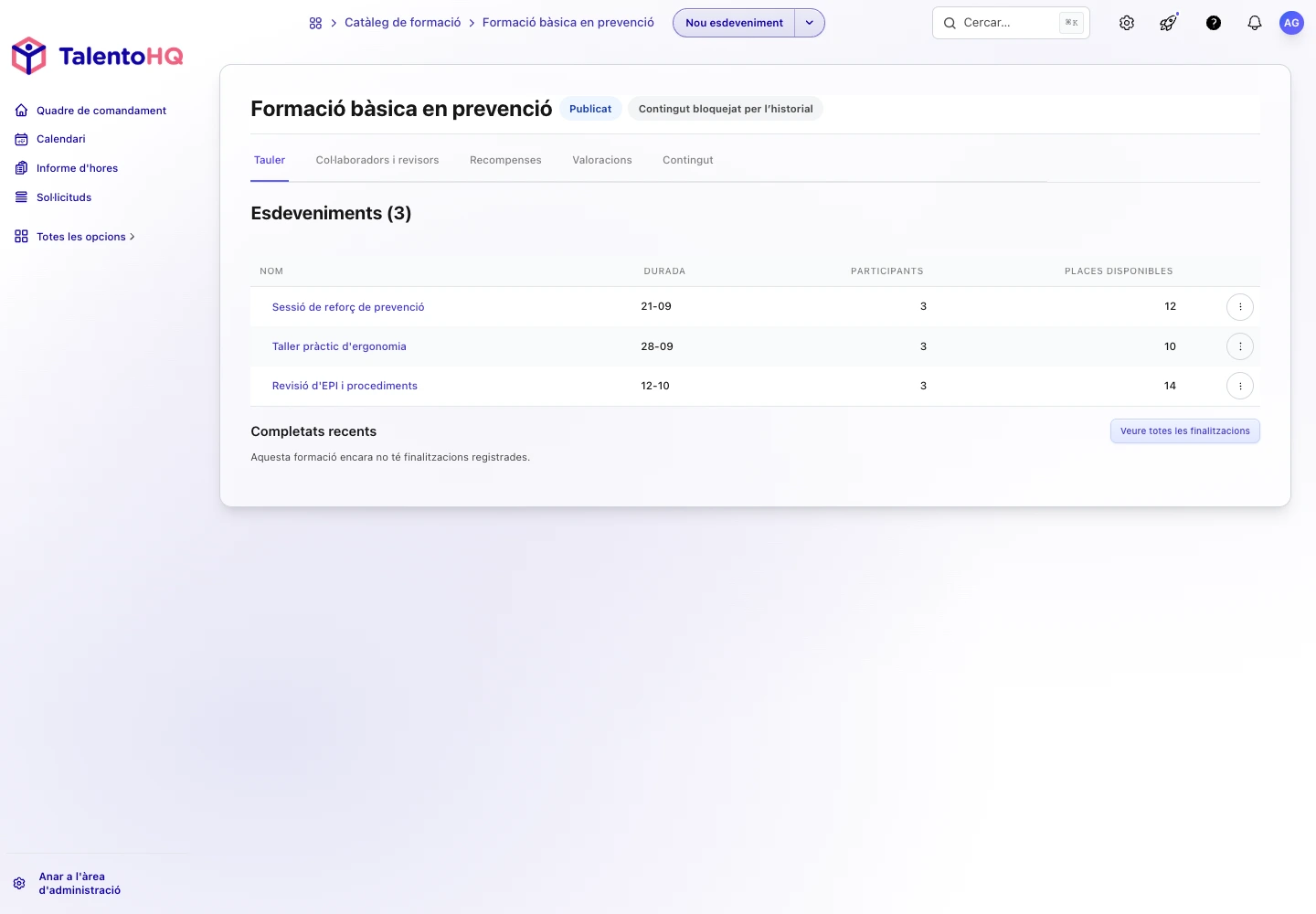 Detall d'una formació de prevenció a TalentoHQ amb convocatòries i participants