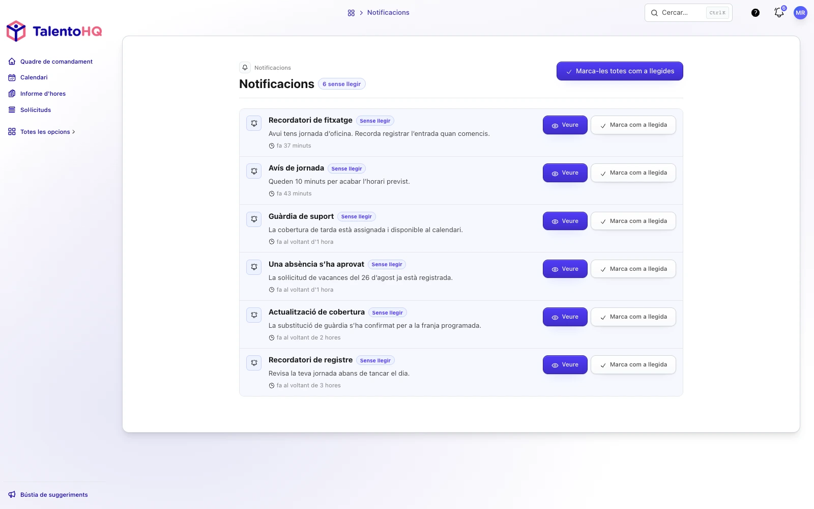 Control horari i avisos de fitxatge al portal de l'empleat de TalentoHQ