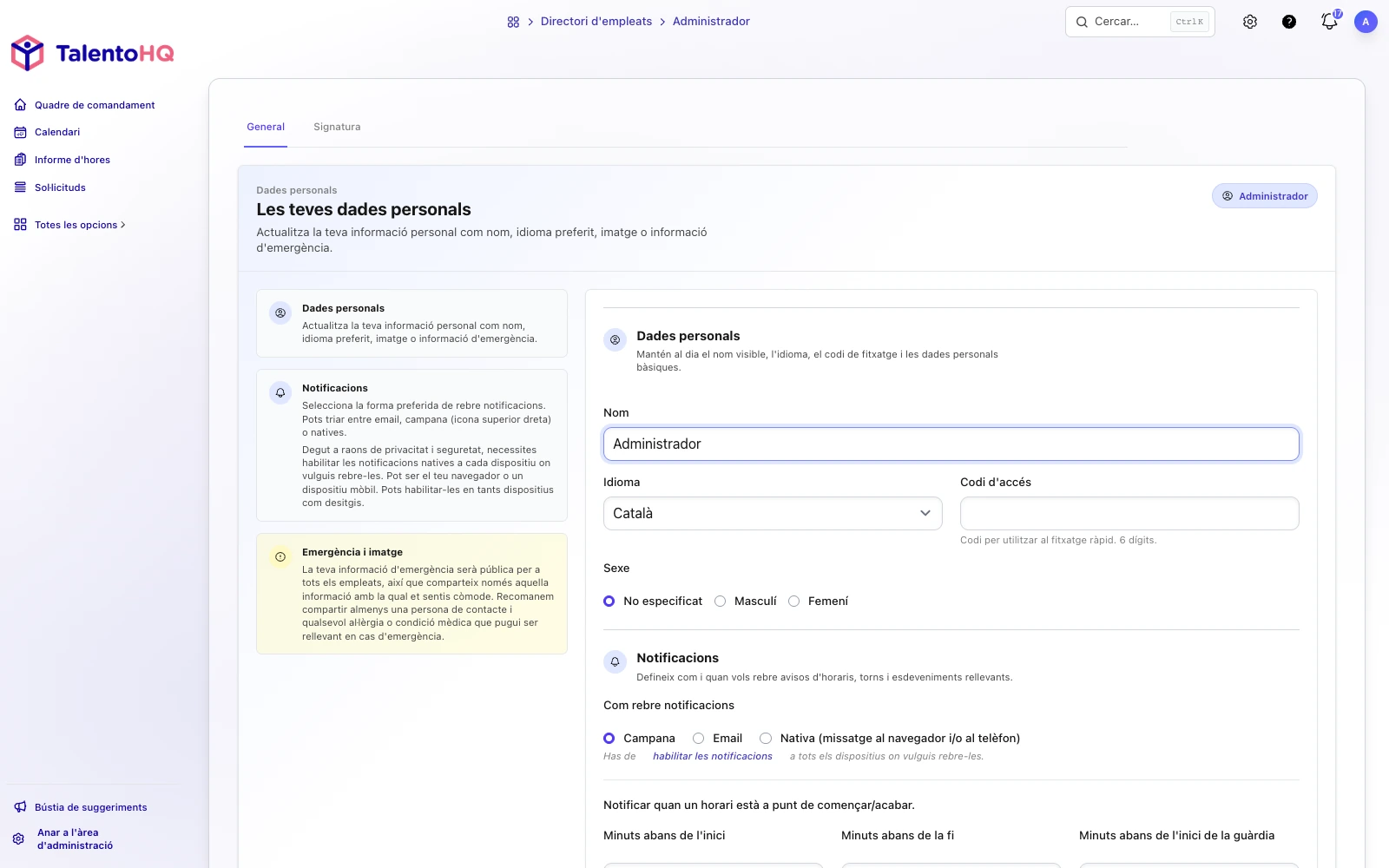Control horari i avisos de fitxatge al portal de l'empleat de TalentoHQ