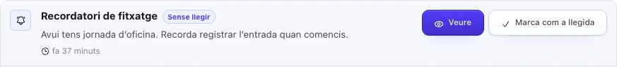Exemple de notificació de fitxatge en català a TalentoHQ amb control dels horaris laborals