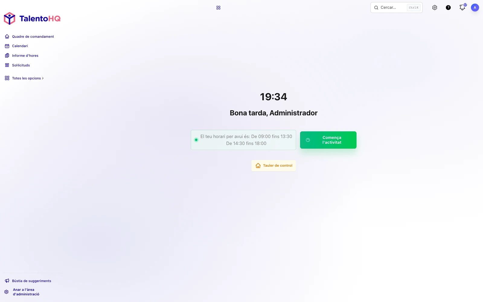 Pantalla per iniciar el fitxatge i registrar la jornada laboral a TalentoHQ