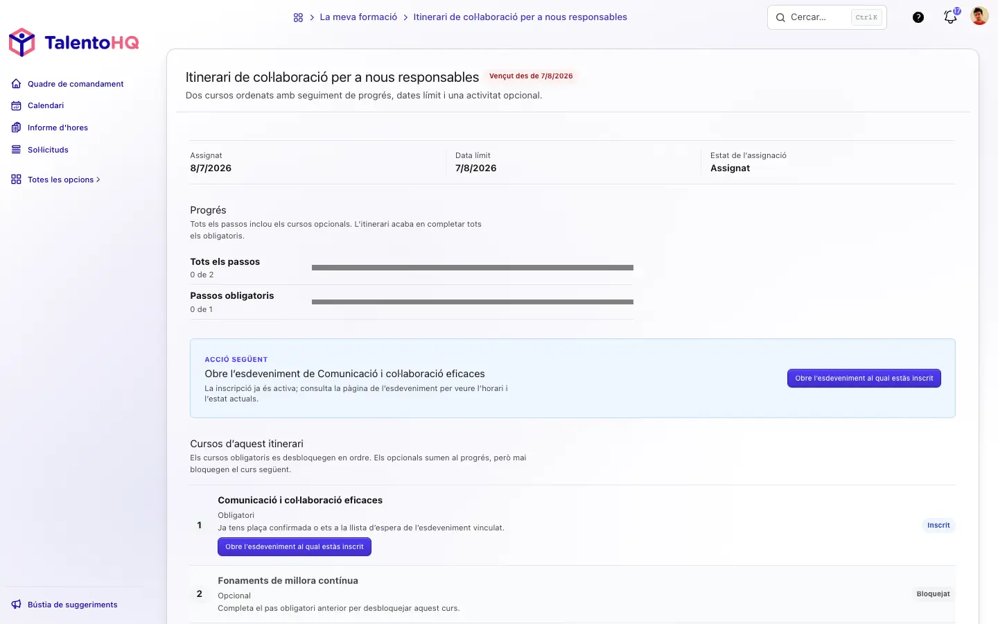 Itinerari vist per la persona empleada a TalentoHQ amb data límit, progrés, acció següent i un curs bloquejat