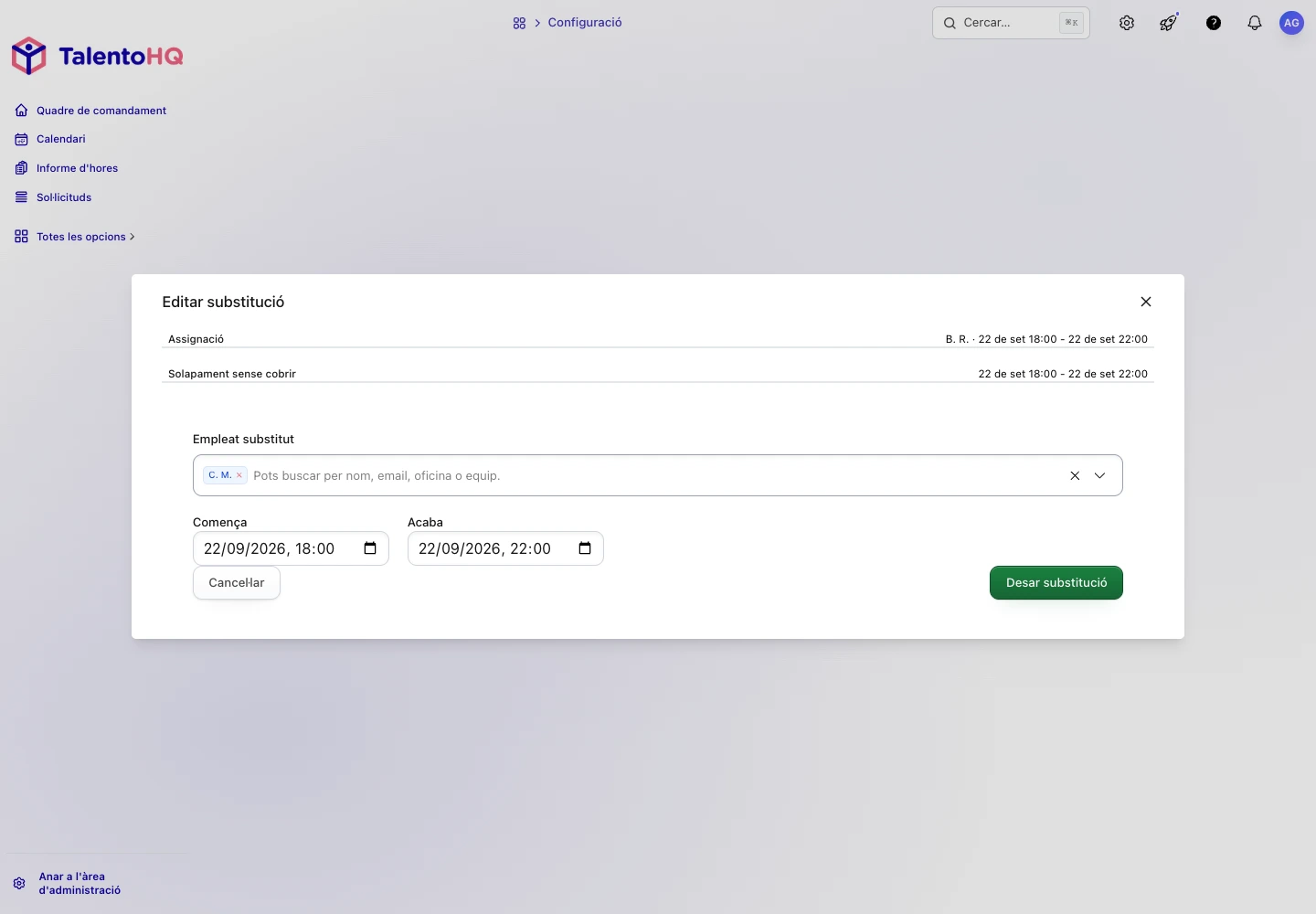 Detall de substitució d’una guàrdia amb dates i persona substituta a TalentoHQ