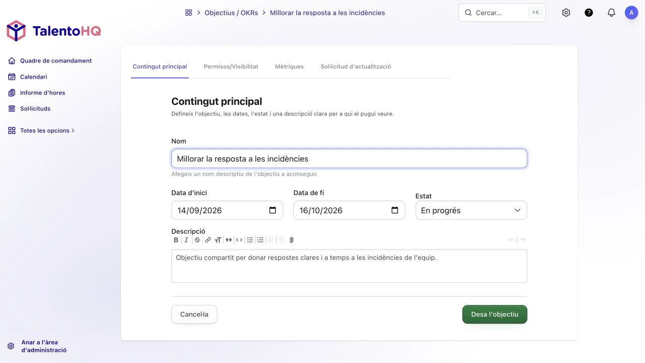 Formulari de TalentoHQ per crear un objectiu amb responsables, dates i mètriques