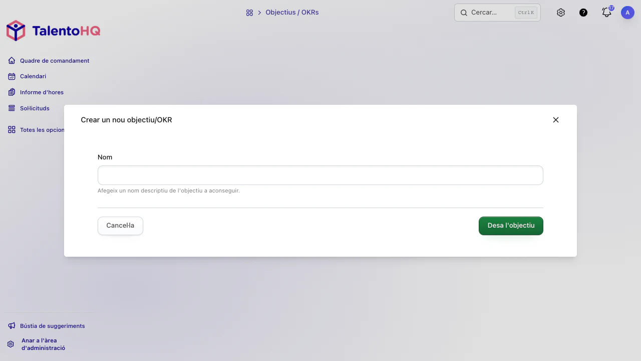 Formulari de TalentoHQ per crear un objectiu amb responsables, dates i mètriques