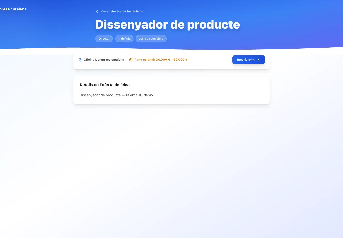 Pàgina pública d'ocupació de TalentoHQ amb cercador i llistat de vacants