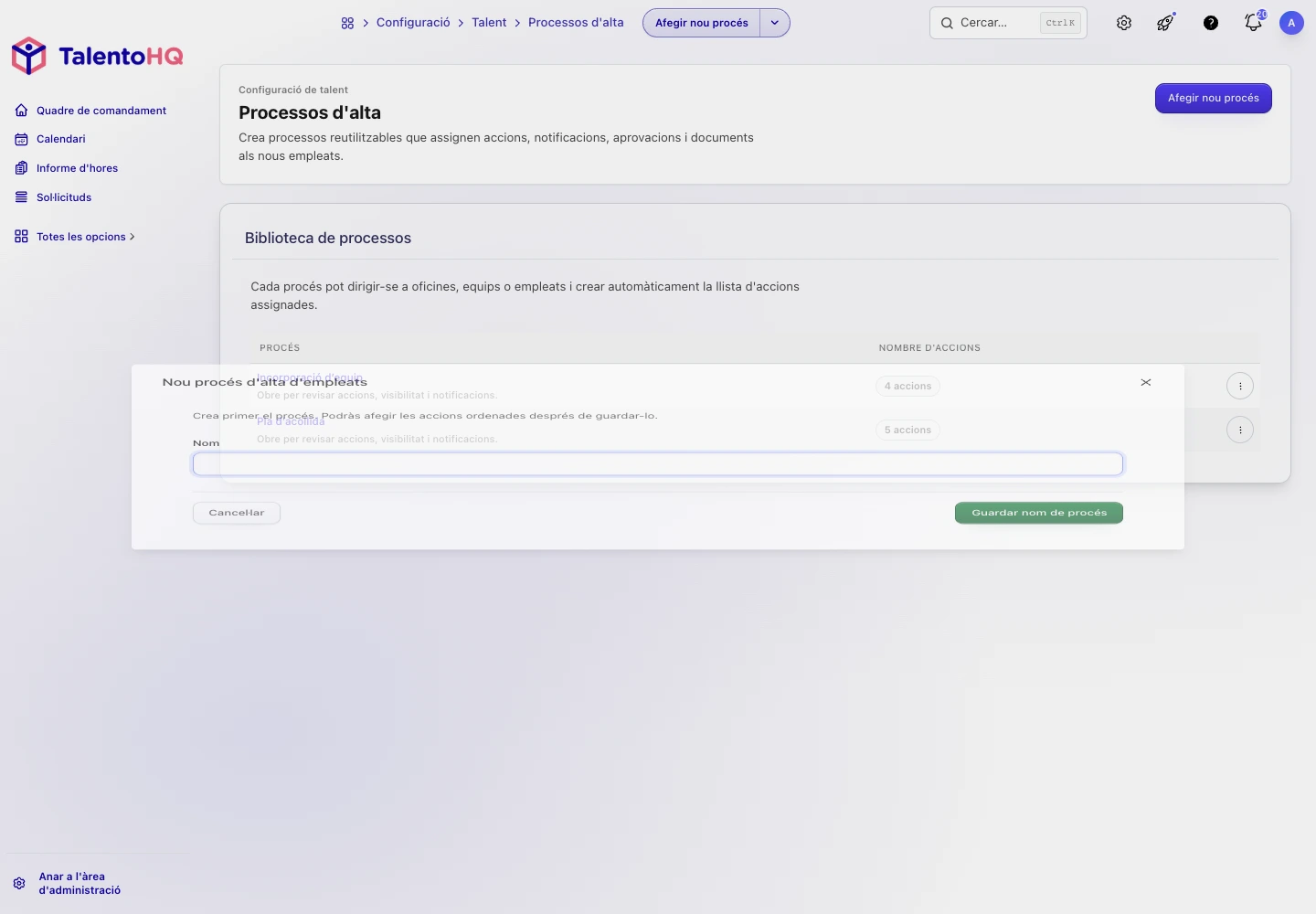 Formulari per crear un procés d'onboarding amb responsables, tasques i dates