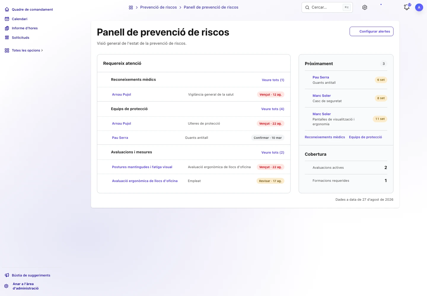 Tauler de TalentoHQ amb una avaluació i una mesura preventiva que requereixen atenció
