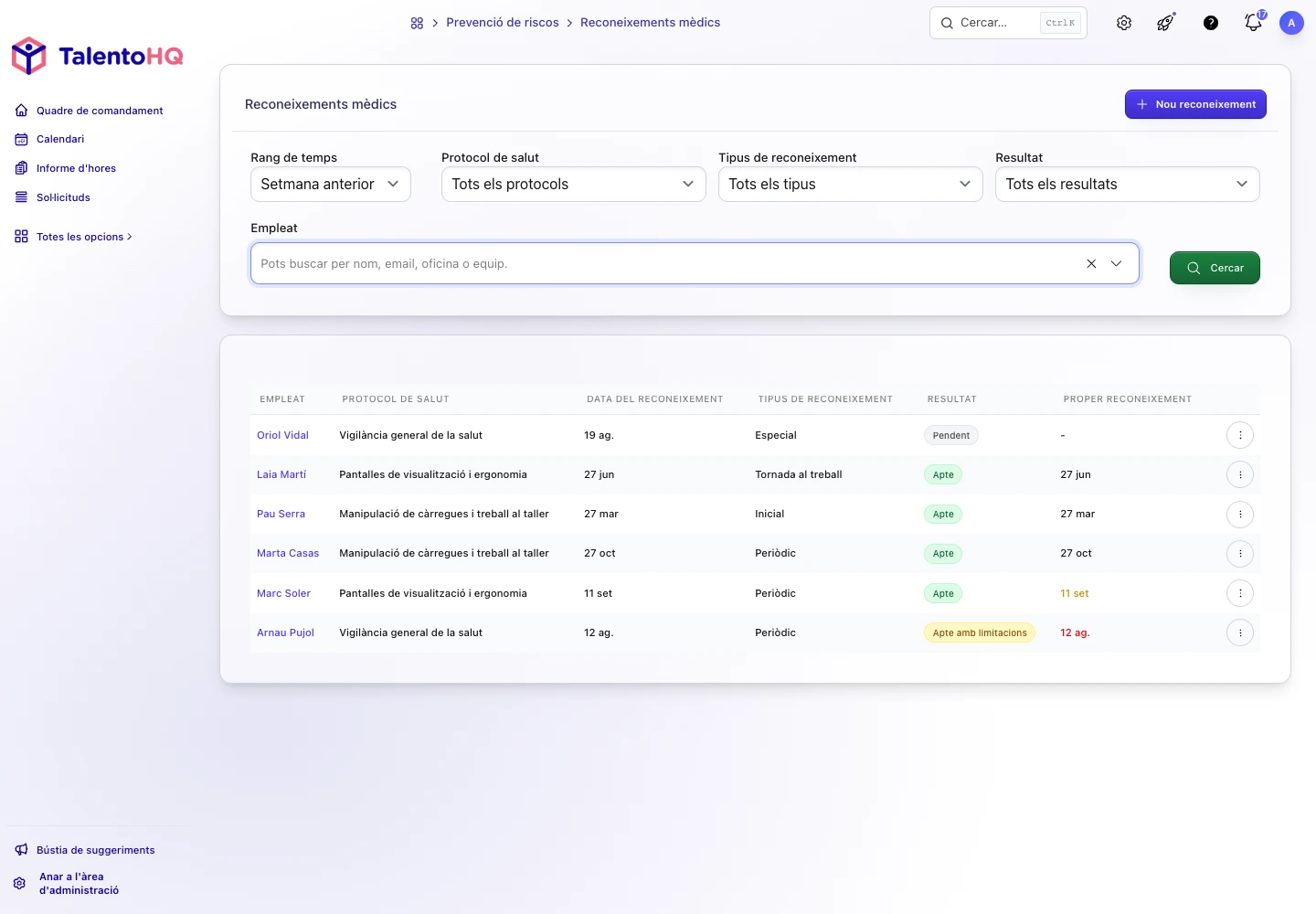 Llistat de reconeixements mèdics laborals a TalentoHQ amb protocol, aptitud i data següent