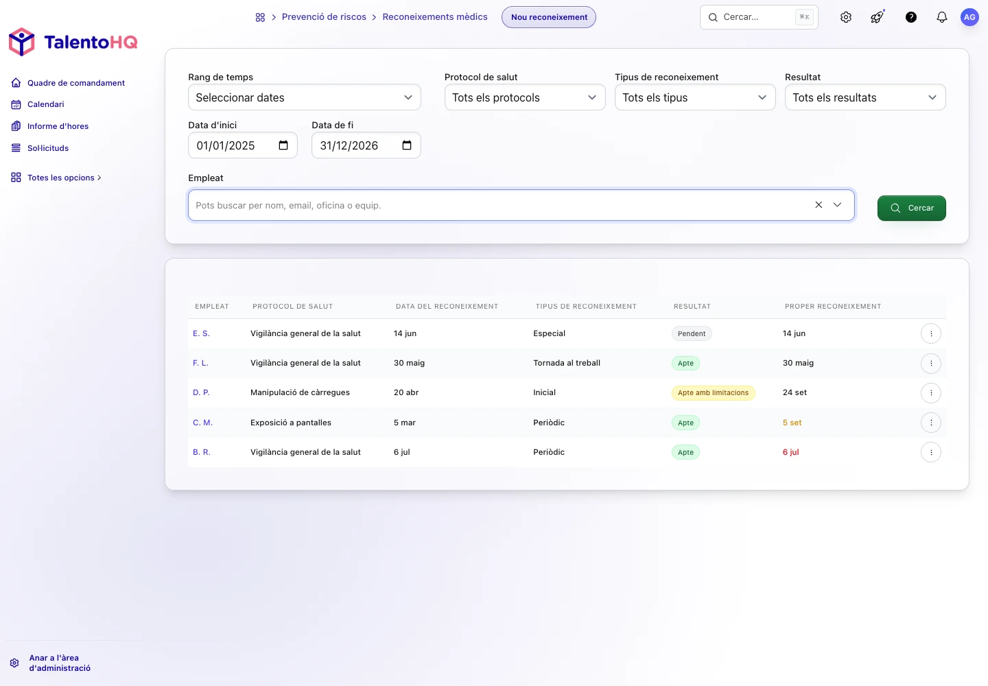 Llistat de reconeixements mèdics laborals a TalentoHQ amb protocol, aptitud i data següent