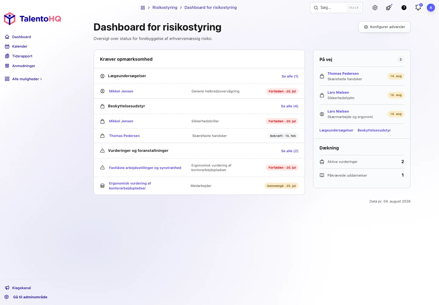 TalentoHQs arbejdsmiljøpanel med en udløbet og en kommende helbredsundersøgelse