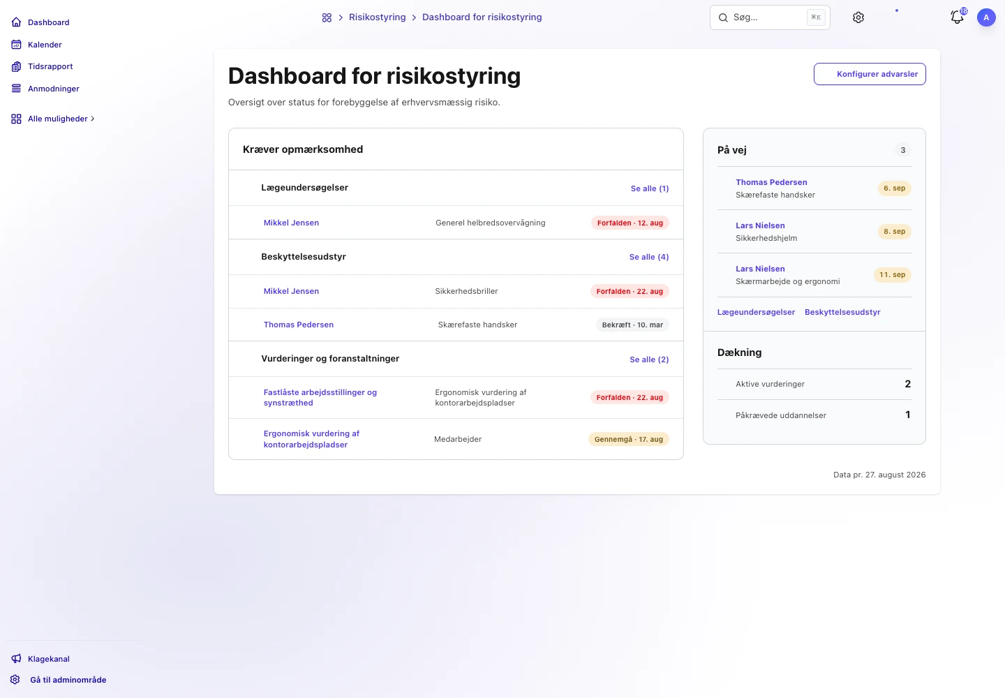 TalentoHQs arbejdsmiljøpanel med udløb, kommende registreringer og dækningsoversigt