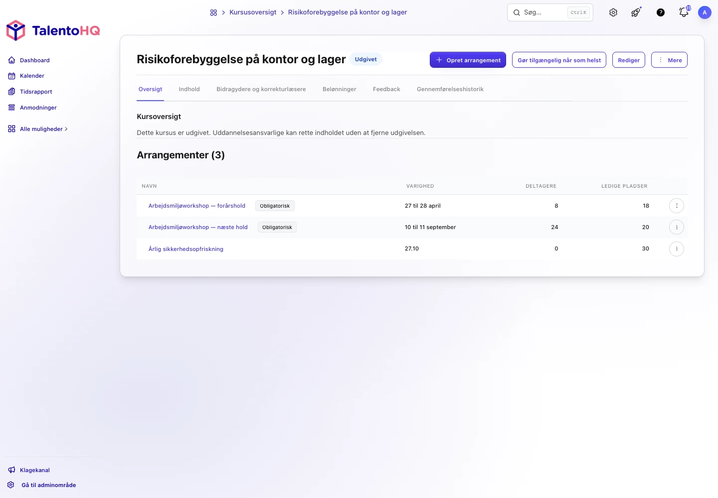 Arbejdsmiljøuddannelse i TalentoHQ med arrangementer, deltagere og opfølgning på kurset