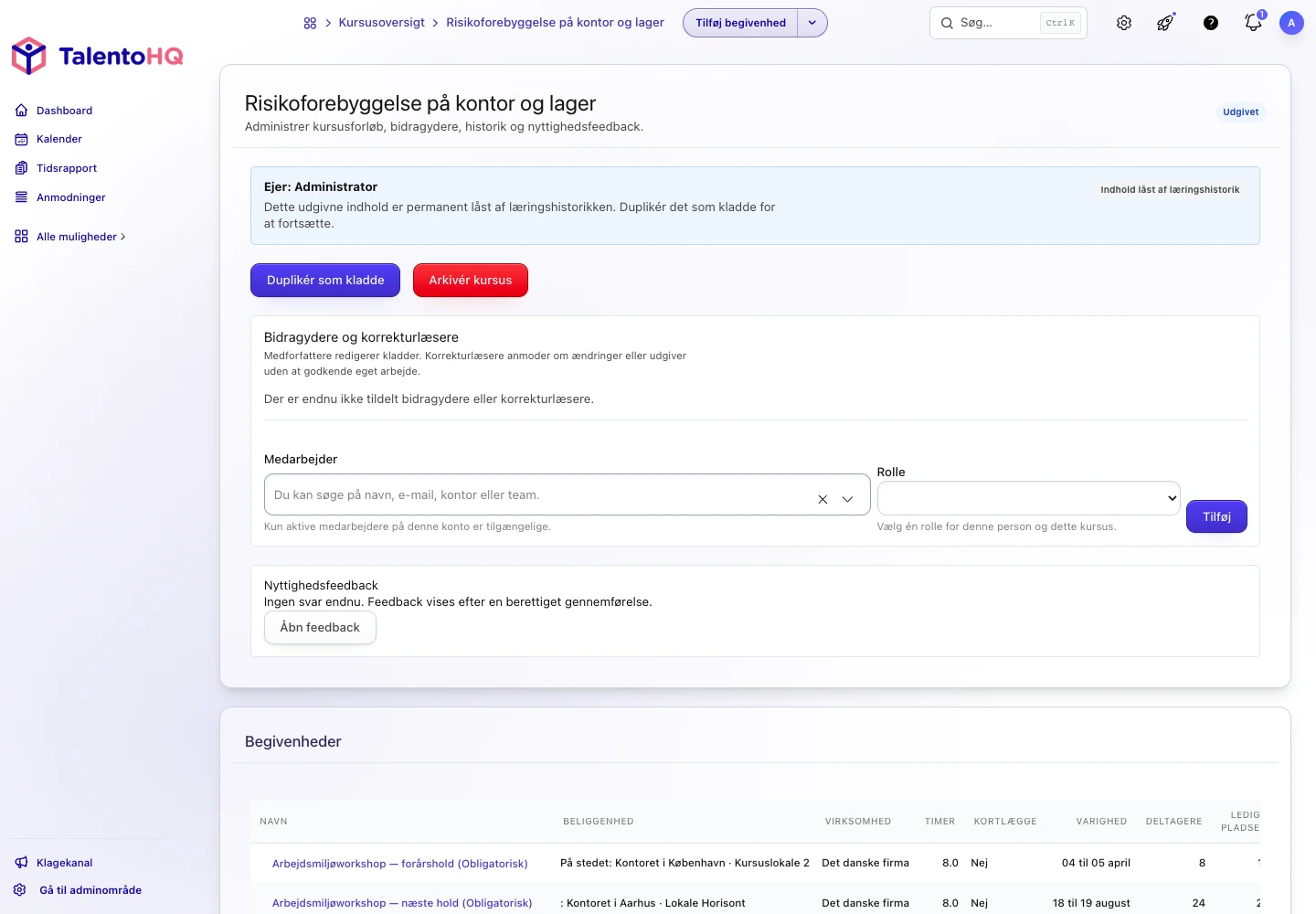 Detaljer om arbejdsmiljøuddannelse i TalentoHQ med hold og deltagere