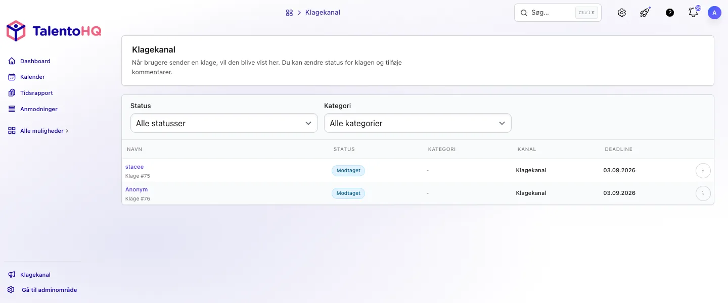 Oversigt over indberetninger til behandling i TalentoHQ på dansk