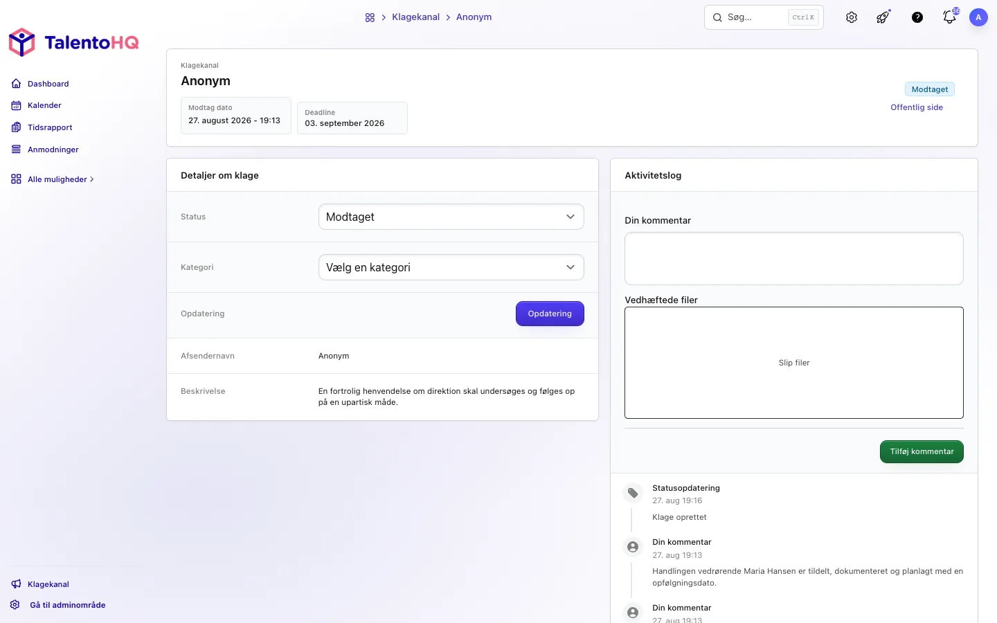 Detaljer og historik for en indberetning i TalentoHQ på dansk