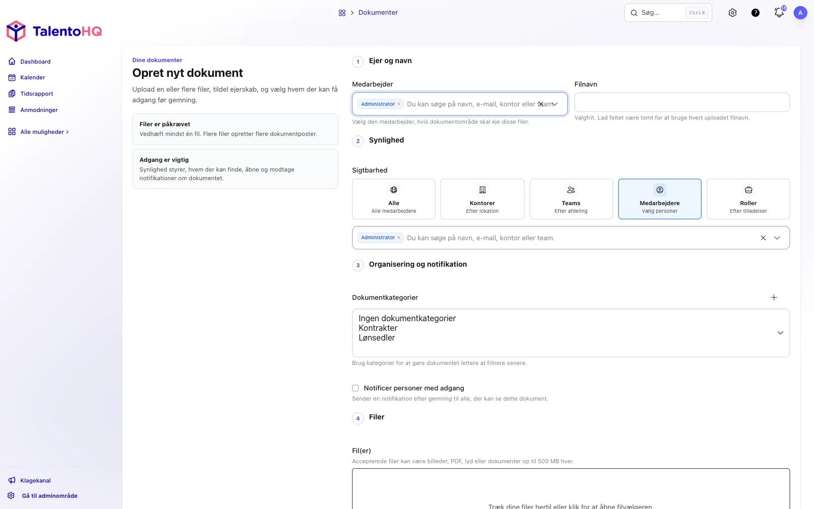 Dansk TalentoHQ-formular til upload af dokumenter med ejer, synlighed og kategori
