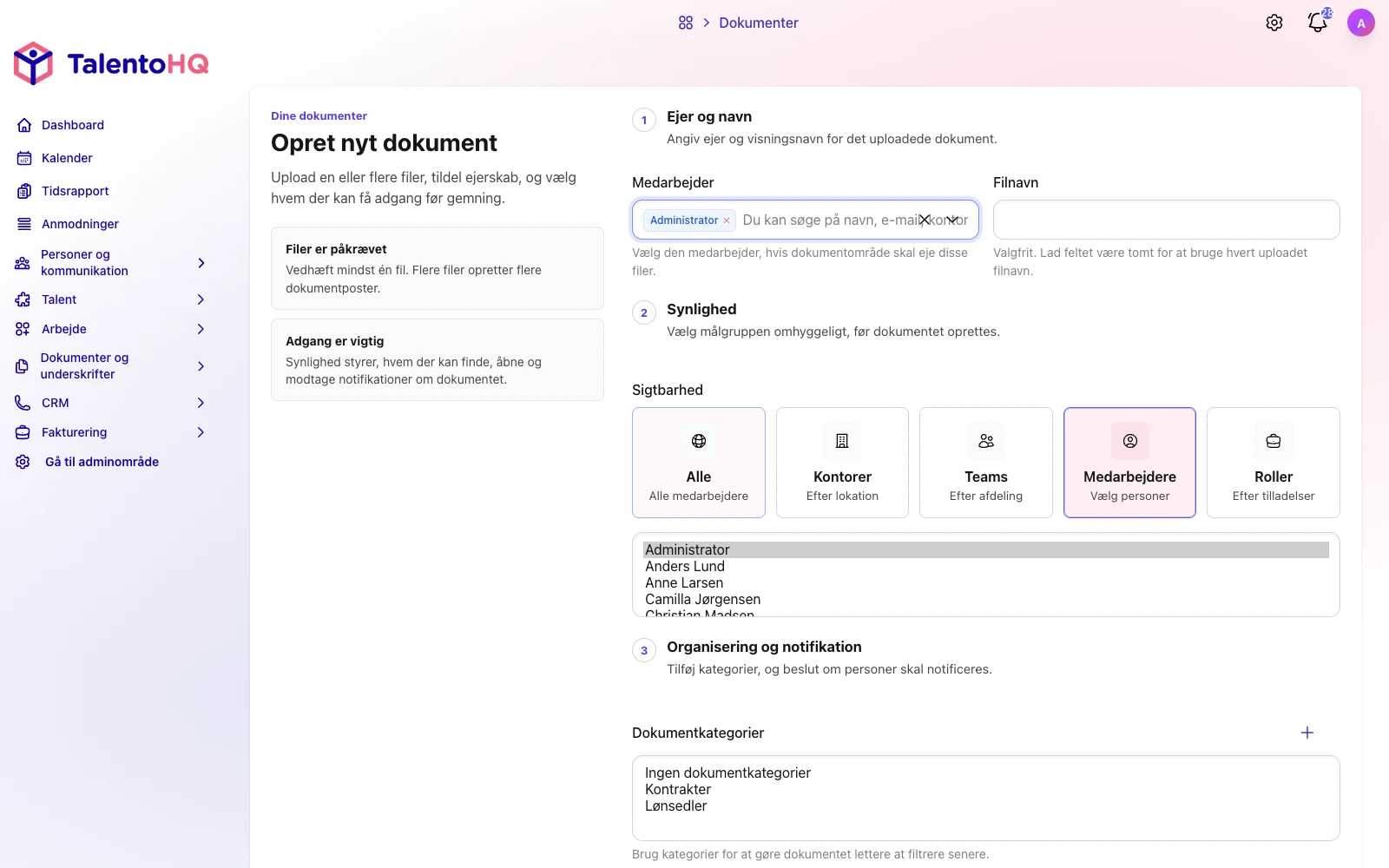 Dansk TalentoHQ-formular til upload af dokumenter med ejer, synlighed og kategori