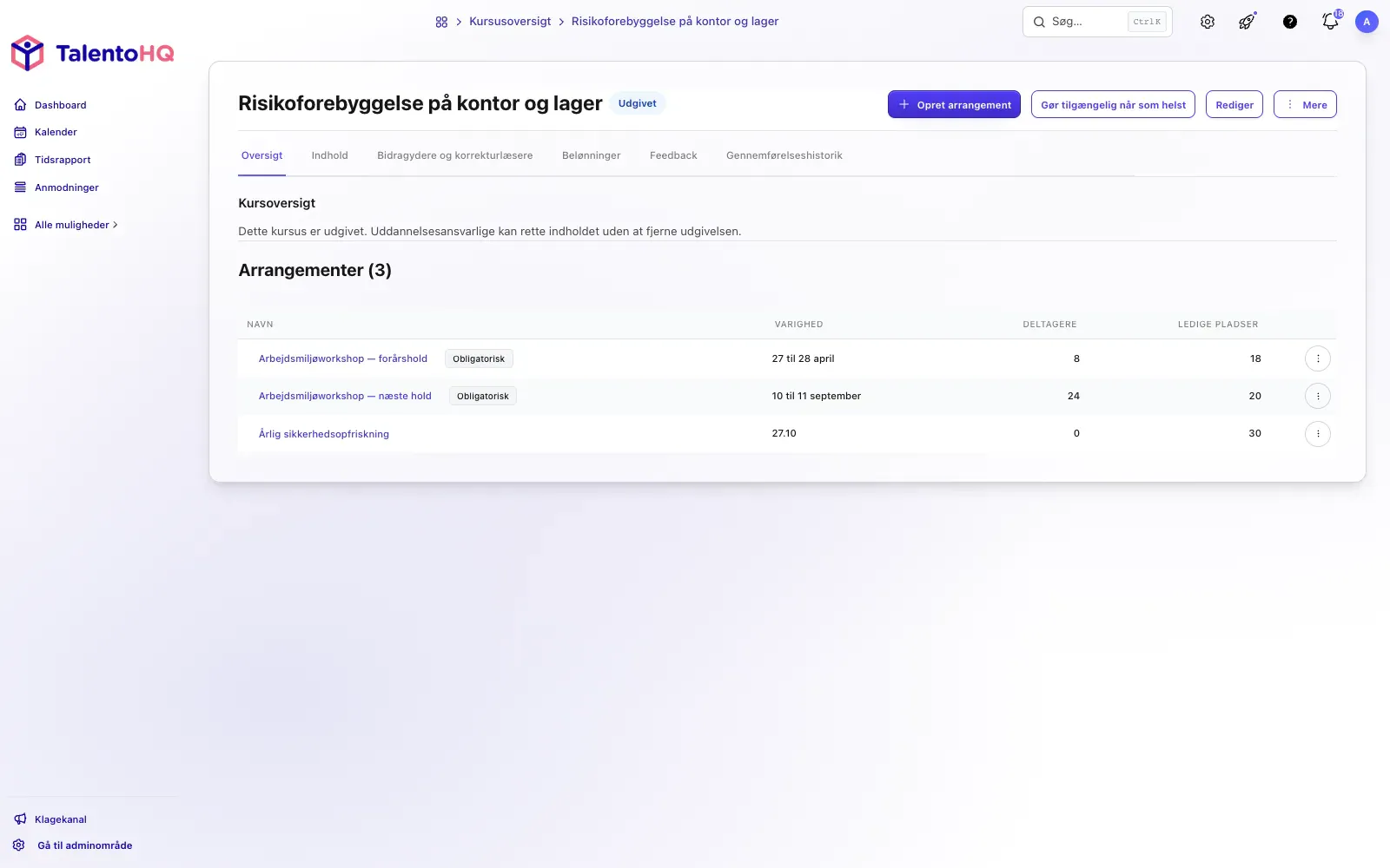 Lektioner og kursusindhold i TalentoHQ på dansk