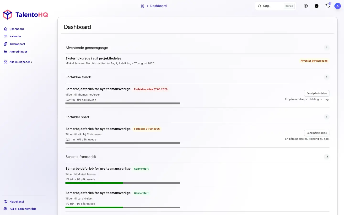 TalentoHQ-lederpanel med overskredne læringsforløb, kommende deadlines, nylig fremdrift og påmindelser