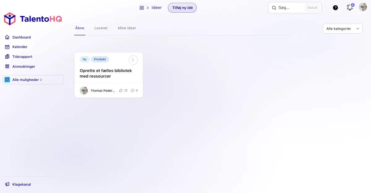 Idéer og forbedringsforslag i TalentoHQ på dansk