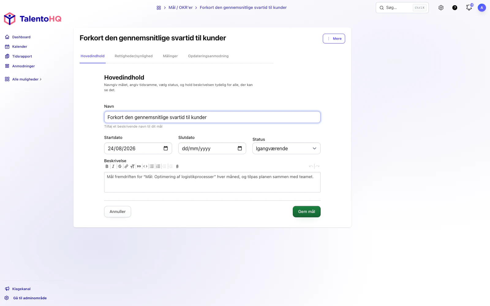 Redigering af mål i TalentoHQ på dansk