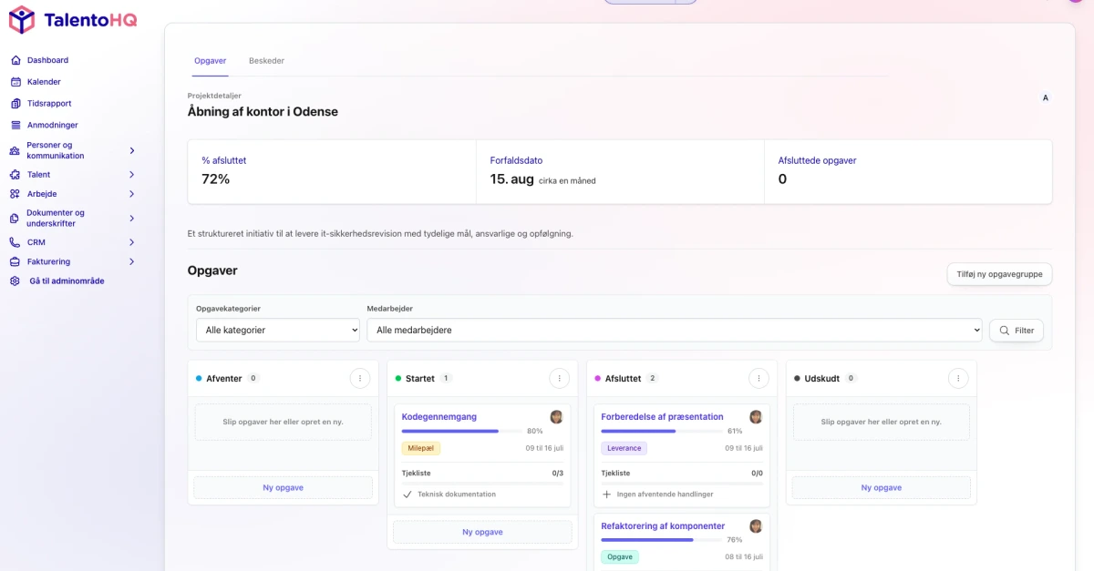 Projekt med opgaver og ansvarlige i TalentoHQ