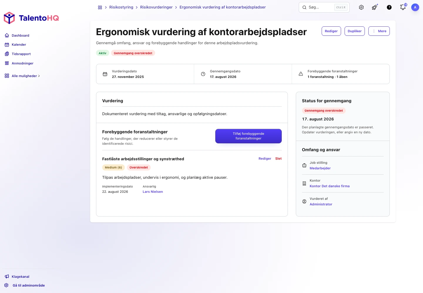 Detaljer om en risikovurdering i TalentoHQ med tiltag, ansvarlig og overskredet revision